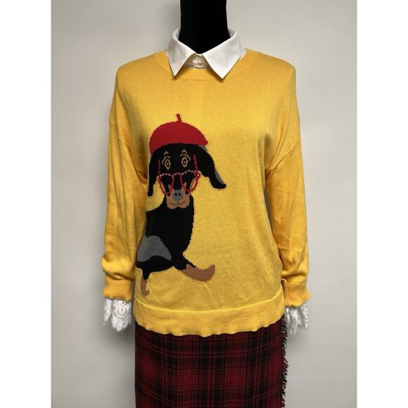 Dachshund Doxie Wiener Dog Women’s Sweater Yellow Preppy Dog Lover Large Puppy - Picture 1 of 8
